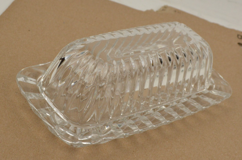 Vintage Clear Pressed Glass Covered Butter Dish Starburst Ribbed 8"